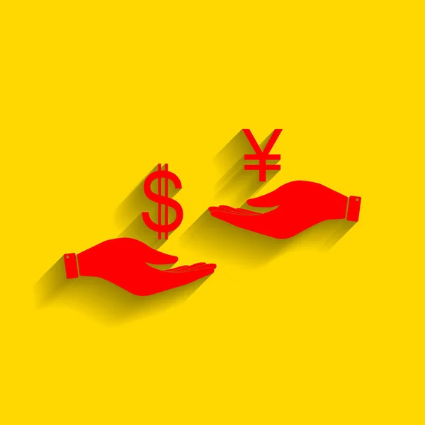 Currency exchange from hand to hand. Dollar and Yen. Vector. Red icon with soft shadow on golden background. — Stock Vector