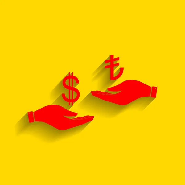 Currency exchange from hand to hand. Dollar and Turkey Lira. Vector. Red icon with soft shadow on golden background. — Stock Vector