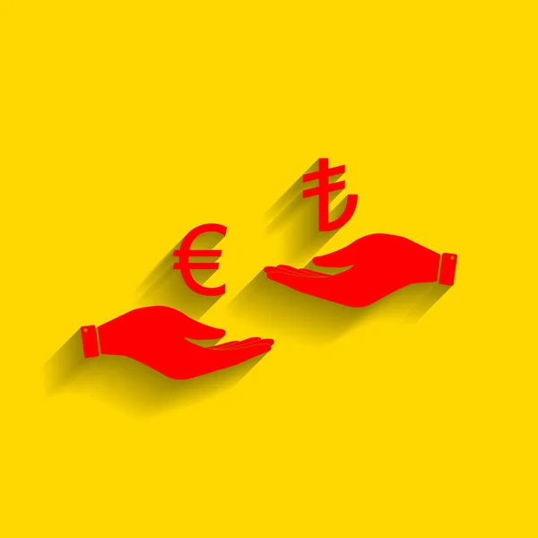 Обмін валюти від hand hand. Євро і ліра. Вектор. Червоний значок з м'яких тінь на Золотий фону. — стоковий вектор