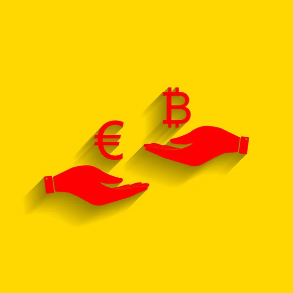 Currency exchange from hand to hand. Euro an Bitcoin. Vector. Red icon with soft shadow on golden background. — Stock Vector