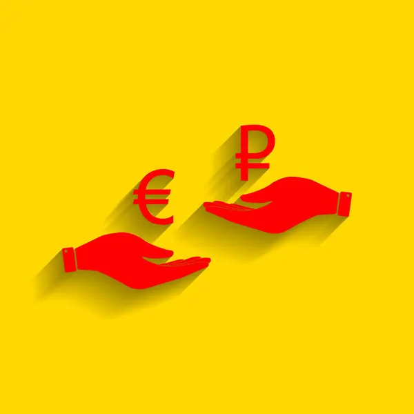 Currency exchange from hand to hand. Euro and Rouble. Vector. Red icon with soft shadow on golden background. — Stock Vector