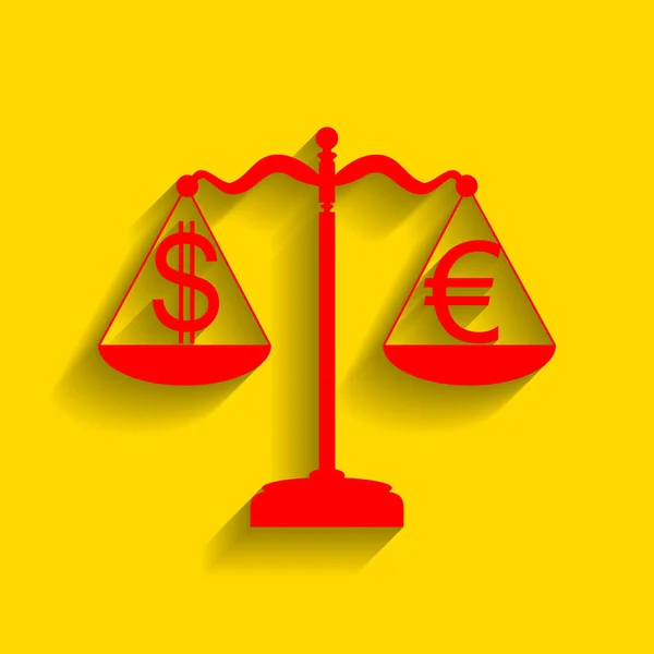 Gerechtigkeitswaage mit Wechselkennzeichen. Vektor. rotes Symbol mit weichem Schatten auf goldenem Hintergrund. — Stockvektor