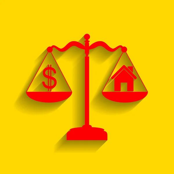 Haus und Dollar-Symbol auf der Waage. Vektor. rotes Symbol mit weichem Schatten auf goldenem Hintergrund. — Stockvektor