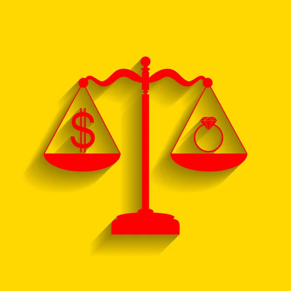 Ring-Schmuck und Dollar-Symbol auf einer Waage. Vektor. rotes Symbol mit weichem Schatten auf goldenem Hintergrund. — Stockvektor