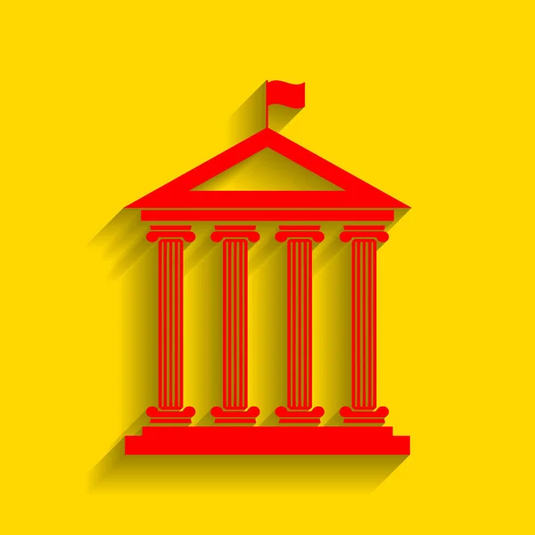 Edificio histórico con bandera. Vector. Icono rojo con sombra suave sobre fondo dorado . — Archivo Imágenes Vectoriales