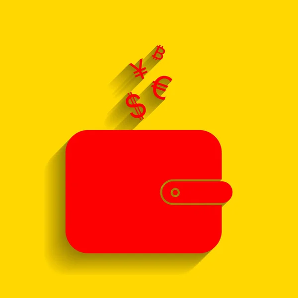 Signo de billetera con símbolos de moneda. Vector. Icono rojo con sombra suave sobre fondo dorado . — Archivo Imágenes Vectoriales