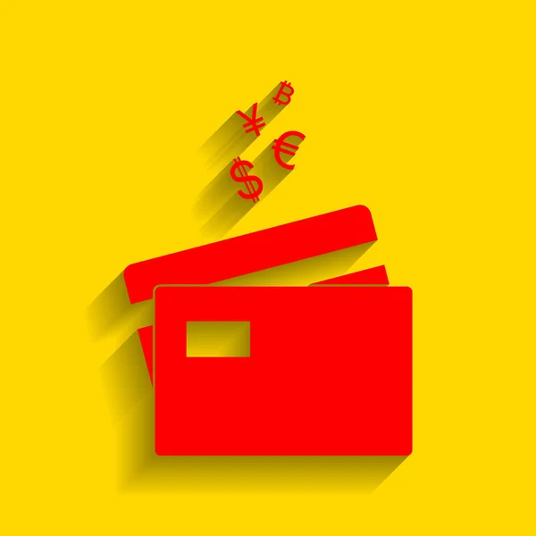 Signo de tarjetas de crédito con símbolos de moneda. Vector. Icono rojo con sombra suave sobre fondo dorado . — Archivo Imágenes Vectoriales