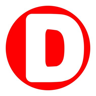 D harfi işareti şablon öğesi tasarım. Vektör. Beyaz zemin üzerine kırmızı daire içinde beyaz simgesi. İzole.