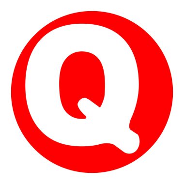 Harf Q işareti şablon öğesi tasarım. Vektör. Beyaz zemin üzerine kırmızı daire içinde beyaz simgesi. İzole.