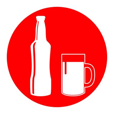 Bira şişe işareti. Vektör. Beyaz zemin üzerine kırmızı daire içinde beyaz simgesi. İzole.