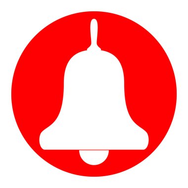 Bell Alarm, handbell işareti. Vektör. Beyaz zemin üzerine kırmızı daire içinde beyaz simgesi. İzole.