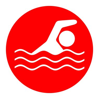Yüzme su spor işareti. Vektör. Beyaz zemin üzerine kırmızı daire içinde beyaz simgesi. İzole.