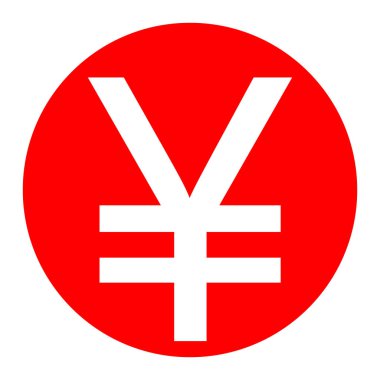 Yen işareti. Vektör. Beyaz zemin üzerine kırmızı daire içinde beyaz simgesi. İzole.