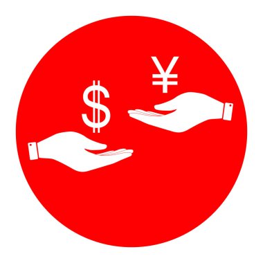 El el üzerinden Döviz Alım Satım. Dolar ve Yen. Vektör. Beyaz zemin üzerine kırmızı daire içinde beyaz simgesi. İzole.