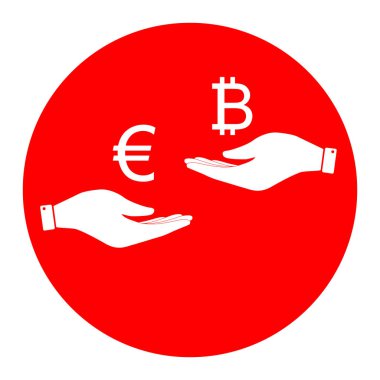 El el üzerinden Döviz Alım Satım. Euro Bitcoin bir. Vektör. Beyaz zemin üzerine kırmızı daire içinde beyaz simgesi. İzole.