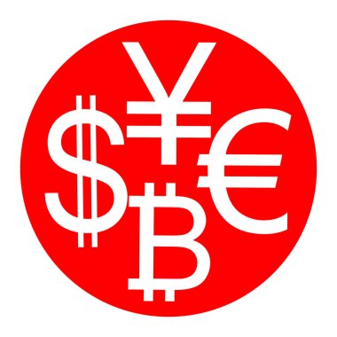 Para birimi koleksiyon Doları, euro, bitcoin, yen oturum açın. Vektör. Beyaz zemin üzerine kırmızı daire içinde beyaz simgesi. İzole.