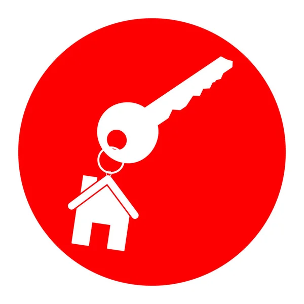 Κλειδί με keychain, ως ένα σύμβολο σπίτι. Διάνυσμα. Λευκό εικονίδιο στο κόκκινο κύκλο σε άσπρο φόντο. Απομονωμένη. — Διανυσματικό Αρχείο