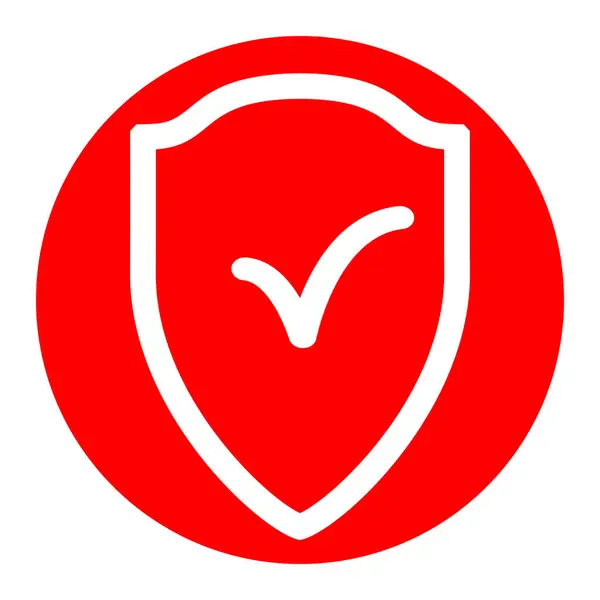 Ασπίδα σημάδι ως προστασία και σύμβολο ασφαλιστικό φορέα. Λευκό εικονίδιο στο κόκκινο κύκλο σε άσπρο φόντο. Απομονωμένη. — Διανυσματικό Αρχείο