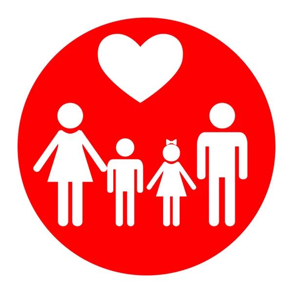 Familie symbool met hart. Man en vrouw zijn hield childrens handen. Vector. Wit pictogram in rode cirkel op een witte achtergrond. Geïsoleerd. — Stockvector