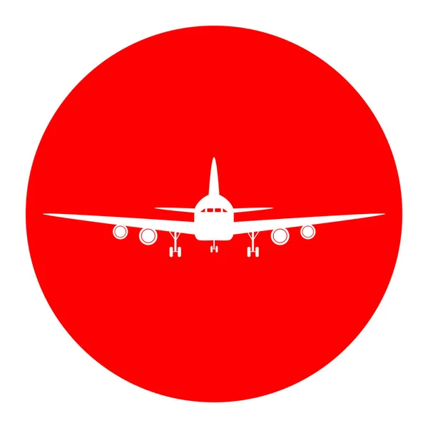 Sinal de avião voador. Vista frontal. Vector. Ícone branco em círculo vermelho sobre fundo branco. Isolados . — Vetor de Stock