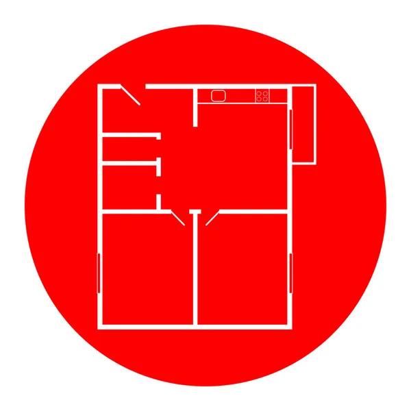 Wohnhaus Grundrisse. Vektor. weißes Symbol in rotem Kreis auf weißem Hintergrund. isoliert. — Stockvektor
