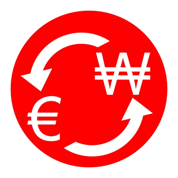 Signo de cambio de divisas. Euro y Corea del Sur ganó. Vector. Icono blanco en círculo rojo sobre fondo blanco. Aislado . — Vector de stock