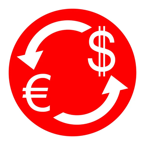 Wechselzeichen. Euro und Dollar. Vektor. weißes Symbol in rotem Kreis auf weißem Hintergrund. isoliert. — Stockvektor