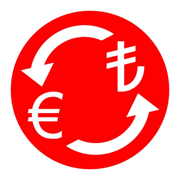 Signo de cambio de divisas. Euro y Turquía Lira. Vector. Icono blanco en círculo rojo sobre fondo blanco. Aislado . — Archivo Imágenes Vectoriales