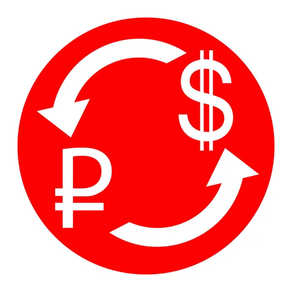 Valutaväxling, sign. Rubeln och oss dollarn vektor. Vit ikon i röd cirkel på vit bakgrund. Isolerade. — Stock vektor