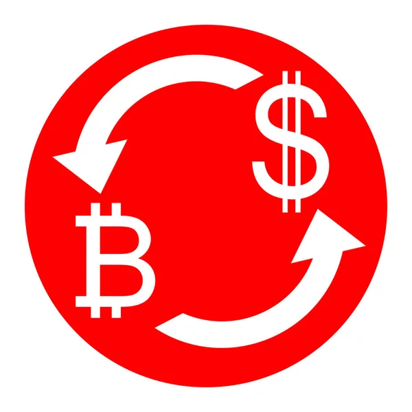 Signo de cambio de divisas. Bitcoin y dólar estadounidense. Vector. Icono blanco en círculo rojo sobre fondo blanco. Aislado . — Vector de stock