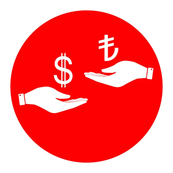 Currency exchange from hand to hand. Dollar and Turkey Lira. Vector. White icon in red circle on white background. Isolated. — Stock Vector