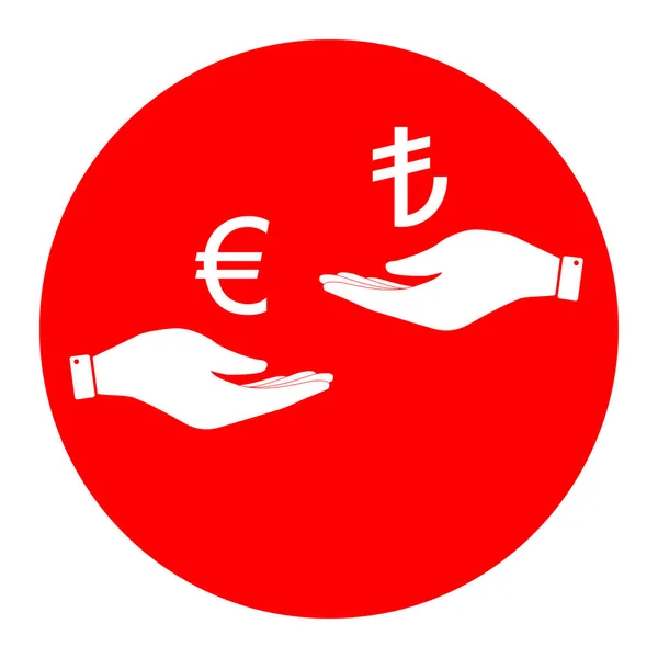 Обмін валюти від hand hand. Євро і ліра. Вектор. Білий значок у червоне коло з білим тлом. Ізольовані. — стоковий вектор