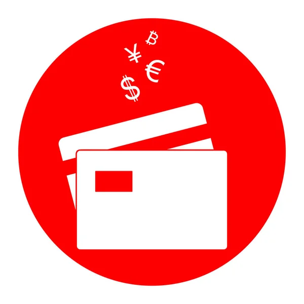 Le carte di credito firmano con simboli di valuta. Vettore. Icona bianca in cerchio rosso su sfondo bianco. Isolato . — Vettoriale Stock