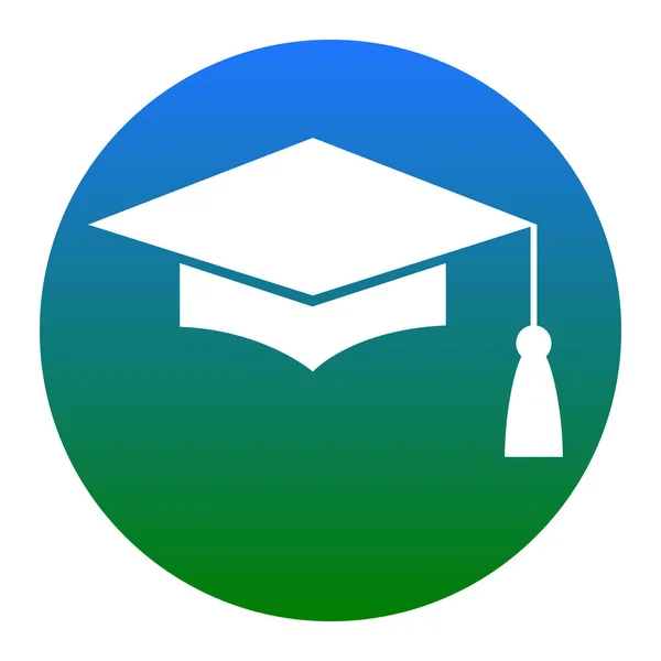Mortel Board of Graduation Cap, symbool van het onderwijs. Vector. Wit pictogram in blauwe cirkel op een witte achtergrond. Geïsoleerd. — Stockvector