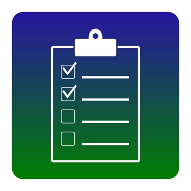 Denetim listesi işareti illüstrasyon. Vektör. Yeşil-mavi degrade Meydanı köşeleri yuvarlatılmış beyaz arka plan üzerinde beyaz simgesi. İzole.