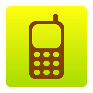 Cep telefonu işareti. Vektör. Kahverengi simgesi yeşil-sarı beyaz arka plan köşeleri yuvarlatılmış degrade Meydanı'nda. İzole.
