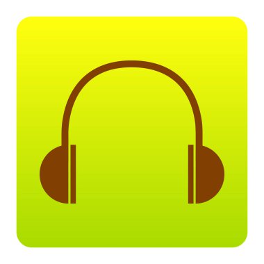 Kulaklık illüstrasyon işareti. Vektör. Kahverengi simgesi yeşil-sarı beyaz arka plan köşeleri yuvarlatılmış degrade Meydanı'nda. İzole.
