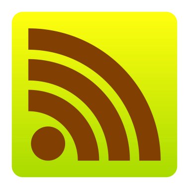 RSS illüstrasyon işareti. Vektör. Kahverengi simgesi yeşil-sarı beyaz arka plan köşeleri yuvarlatılmış degrade Meydanı'nda. İzole.