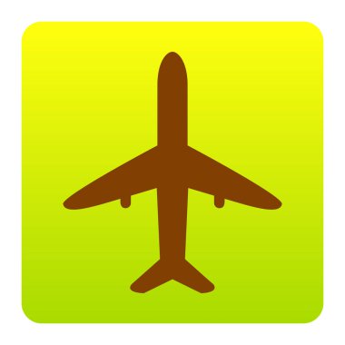 Uçak işareti illüstrasyon. Vektör. Kahverengi simgesi yeşil-sarı beyaz arka plan köşeleri yuvarlatılmış degrade Meydanı'nda. İzole.