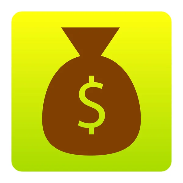 Ілюстрація знаку грошової сумки. Вектор. Коричнева ікона на зелено-жовтій градієнтній площі з закругленими кутами на білому тлі. Ізольовані . — стоковий вектор