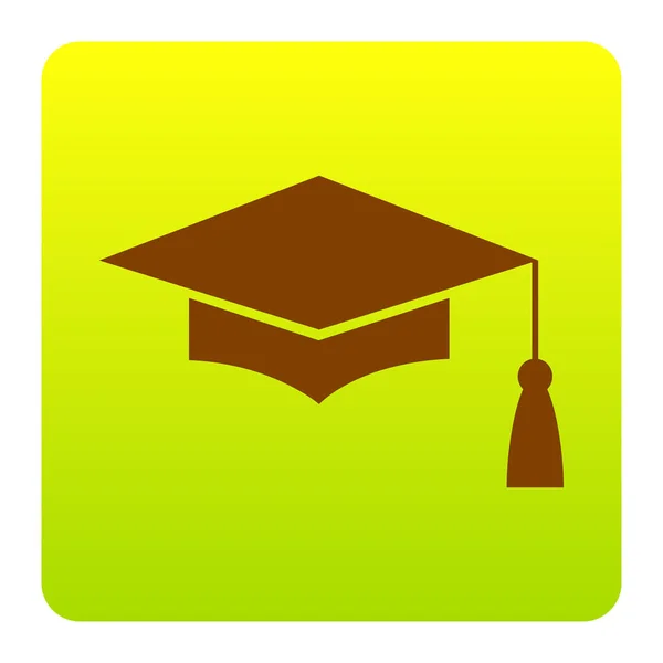 Mortel Board of Graduation Cap, symbool van het onderwijs. Vector. Bruin pictogram groen-gele gradient vierkant met afgeronde hoeken op witte achtergrond. Geïsoleerd. — Stockvector