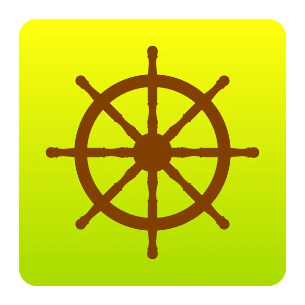 Señal de la rueda del barco. Vector. Icono marrón en el cuadrado de degradado verde-amarillo con esquinas redondeadas sobre fondo blanco. Aislado . — Vector de stock