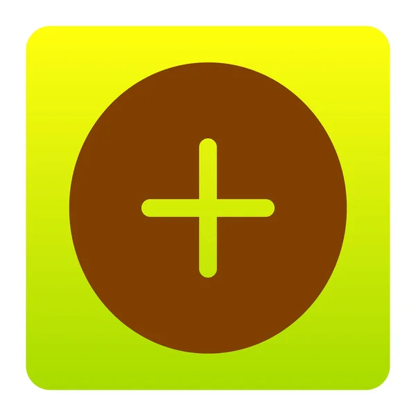 Símbolo positivo más signo. Vector. Icono marrón en el cuadrado de degradado verde-amarillo con esquinas redondeadas sobre fondo blanco. Aislado . — Archivo Imágenes Vectoriales