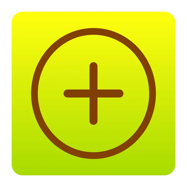 Simbolo positivo più segno. Vettore. Icona marrone a gradiente quadrato giallo-verde con angoli arrotondati su sfondo bianco. Isolato . — Vettoriale Stock