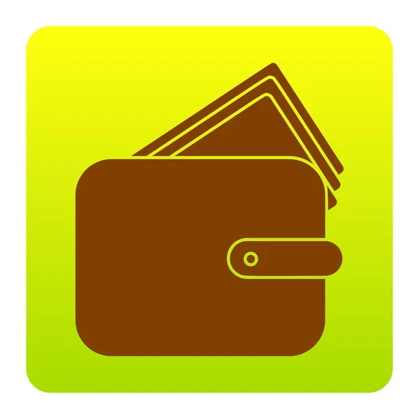 Peněženku znamení ilustrace. Vektor. Hnědý ikona na zeleno žlutá přechodu čtverec se zaoblenými rohy na bílém pozadí. Izolovaný. — Stockový vektor