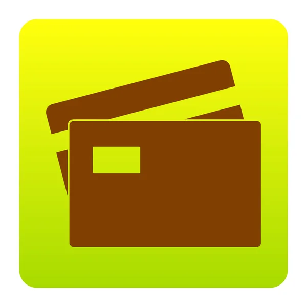 Signo de tarjeta de crédito. Vector. Icono marrón en el cuadrado de degradado verde-amarillo con esquinas redondeadas sobre fondo blanco. Aislado . — Archivo Imágenes Vectoriales