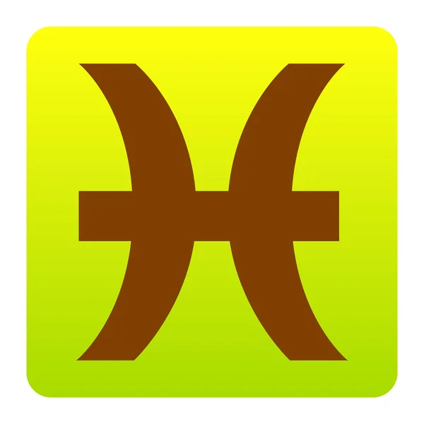 Ilustración signo de Piscis. Vector. Icono marrón en el cuadrado de degradado verde-amarillo con esquinas redondeadas sobre fondo blanco. Aislado . — Vector de stock