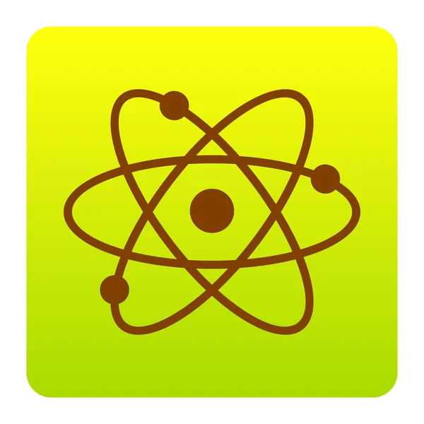 Ілюстрація знаку атома. Вектор. Коричнева ікона на зелено-жовтій градієнтній площі з закругленими кутами на білому тлі. Ізольовані . — стоковий вектор
