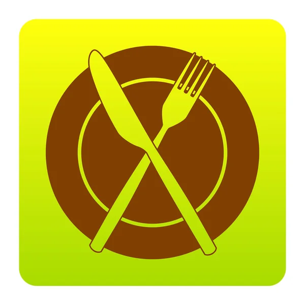 Fork, Knife and Plate sign. Vector. Brown icon at green-yellow gradient square with rounded corners on white background. Isolated. — Stock Vector