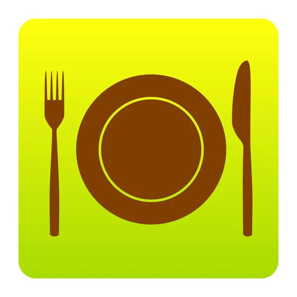 Fork, Knife and Plate sign. Vector. Brown icon at green-yellow gradient square with rounded corners on white background. Isolated. — Stock Vector